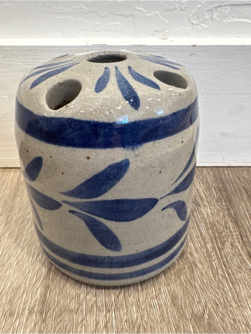 Vintage Ceramic Flower Frog Vase Artist Signed Hand-Painted Blue Cream